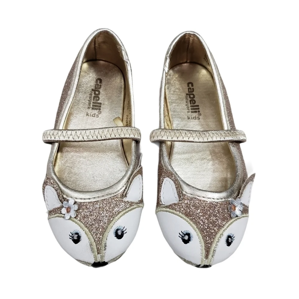 Capelli New York Girls Gold Glitter Fox Face Ballet Flats Mary Jane Shoes Size 6
